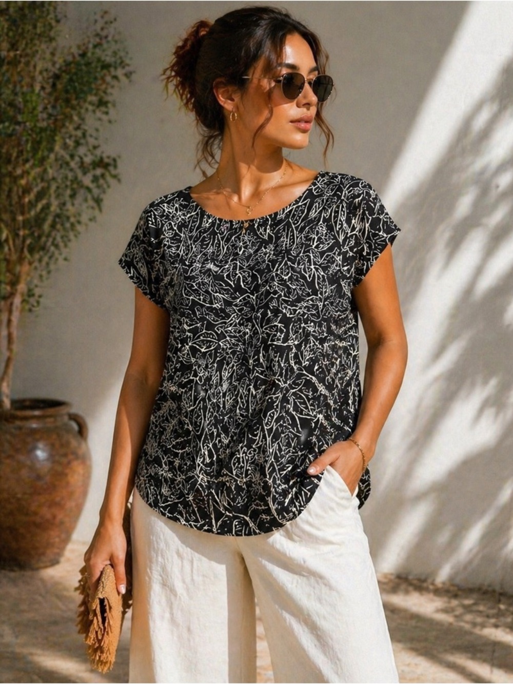 torrid Black Short-Sleeve Top with White Floral Line Print